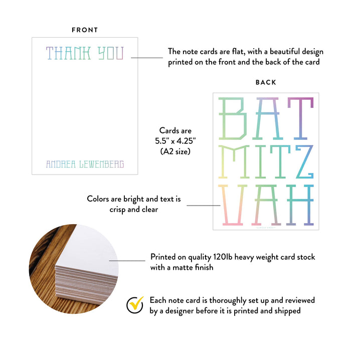 Front and back of personalized colorful mitzvah thank you note cards showing A2 dimensions and matte cardstock details.