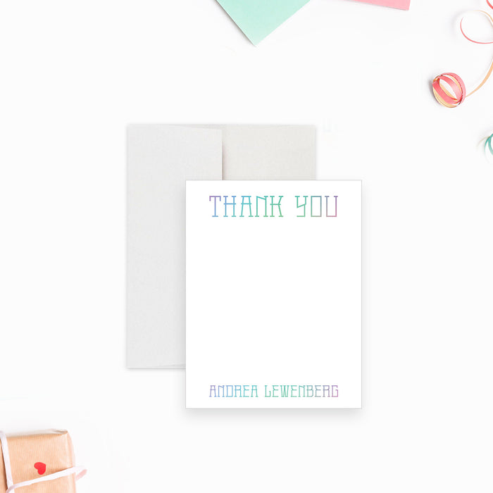 White personalized mitzvah thank you note card with pastel lettering, beside a back with large multicolored Bat Mitzvah typography.