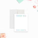 White personalized mitzvah thank you note card with pastel lettering, beside a back with large multicolored Bat Mitzvah typography.