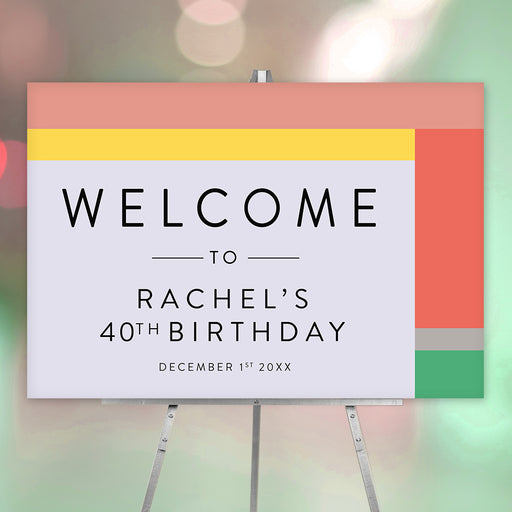 Personalized colorful 40th birthday party welcome sign with custom name, event date and modern coral, yellow, green and lavender blocks