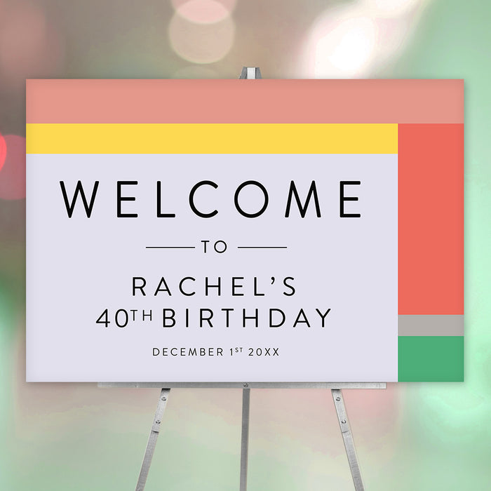 Personalized colorful 40th birthday party welcome sign with custom name, event date and modern coral, yellow, green and lavender blocks