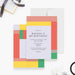 Personalized colorful modern birthday invitation shown with sample 40th birthday wording, lavender background, and coral, yellow, blush, gray, and green geometric blocks-front-back