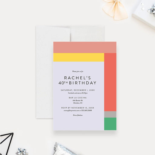 Personalized colorful modern birthday invitation shown with sample 40th birthday wording, lavender background, and coral, yellow, blush, gray, and green geometric blocks-front