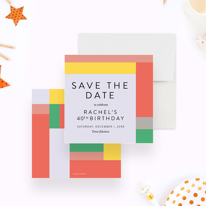 Personalized birthday save the date card shown with sample 40th birthday wording, lavender background, and colorful geometric blocks-front-back