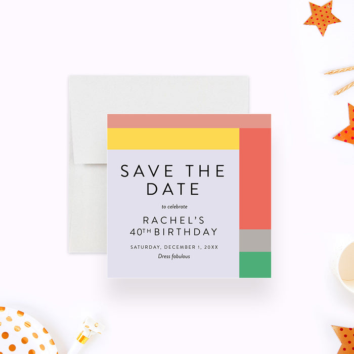 Personalized birthday save the date card shown with sample 40th birthday wording, lavender background, and colorful geometric blocks-front
