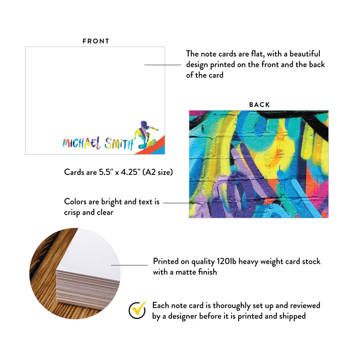 Front and back of personalized colorful skateboard note cards showing A2 dimensions and matte cardstock details.