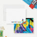 White personalized skateboard note card with colorful name lettering and skateboard artwork, beside a bright skateboard-patterned back.