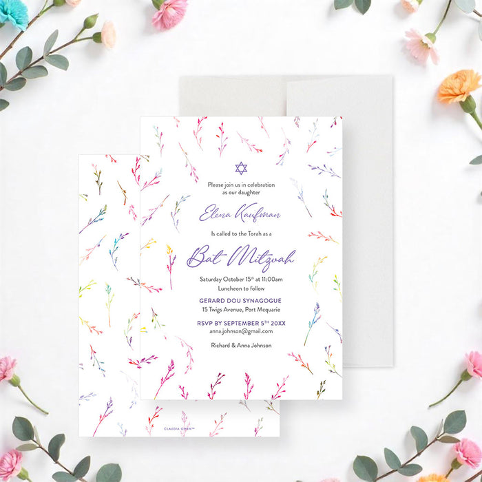Personalized colorful watercolor wildflower Bat Mitzvah invitation with Star of David, custom name, ceremony details and RSVP information-front-back
