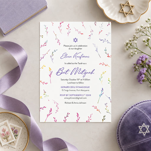 Personalized colorful watercolor wildflower Bat Mitzvah invitation with Star of David, custom name, ceremony details and RSVP information-front