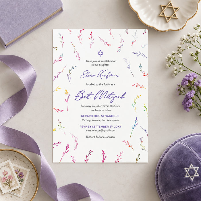 Personalized colorful watercolor wildflower Bat Mitzvah invitation with Star of David, custom name, ceremony details and RSVP information-front