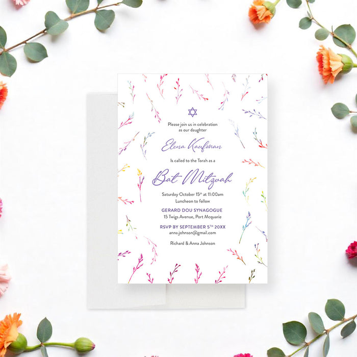 Personalized colorful watercolor wildflower Bat Mitzvah invitation with Star of David, custom name, ceremony details and RSVP information-front