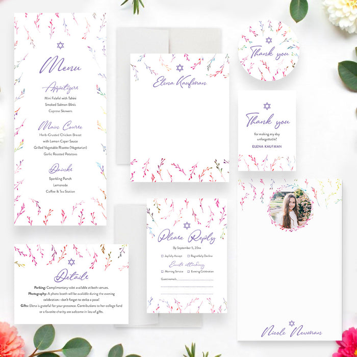 Personalized Colorful Watercolor Wildflower Bat Mitzvah Invitation