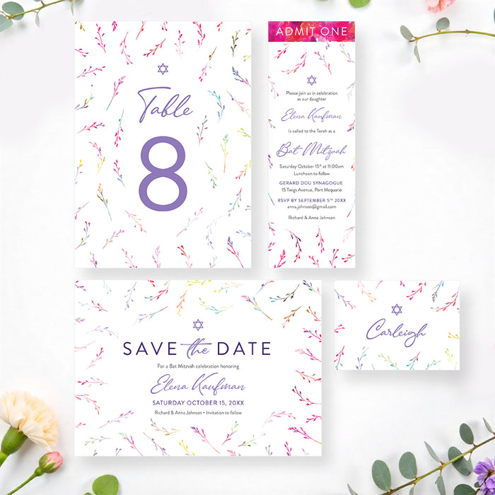 Personalized Colorful Watercolor Wildflower Bat Mitzvah Invitation