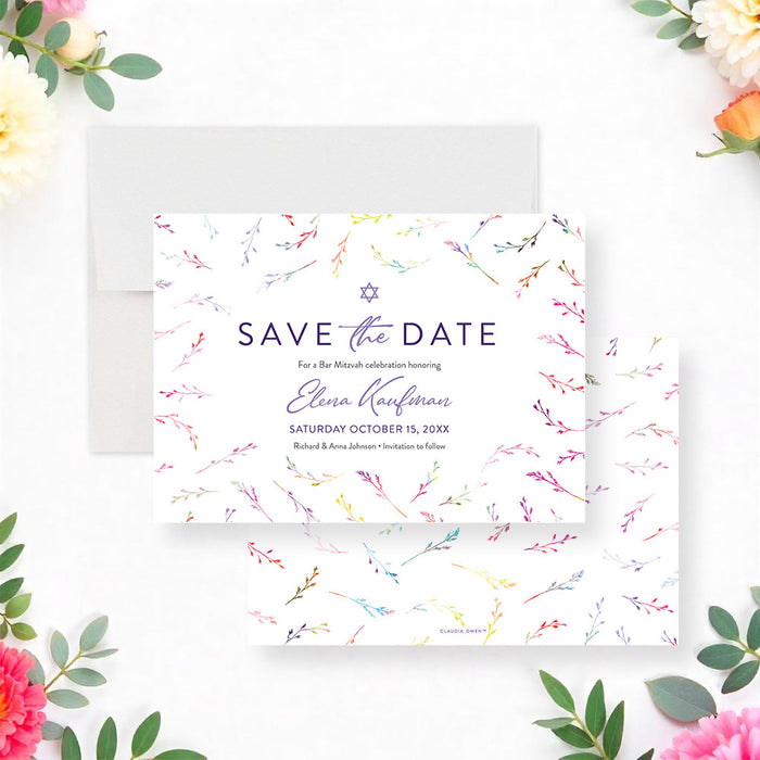 Personalized colorful watercolor wildflower Bat Mitzvah save the date card with Star of David, custom name, event date and invitation to follow wording-front-back