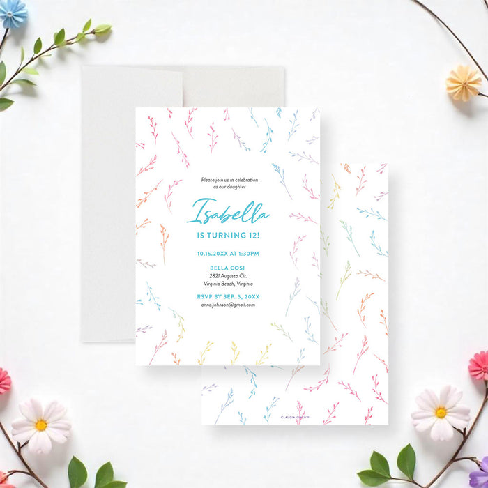 Personalized colorful watercolor wildflower birthday party invitation with custom name, age, date, venue, address and RSVP details-front-back