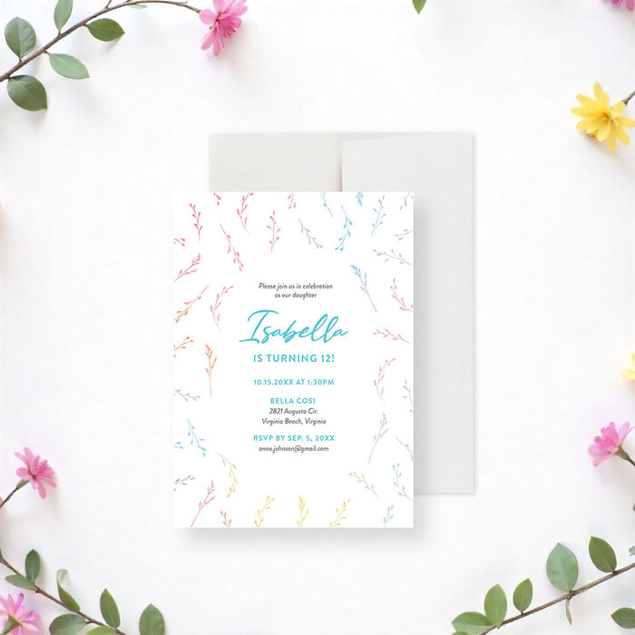 Personalized colorful watercolor wildflower birthday party invitation with custom name, age, date, venue, address and RSVP details-front