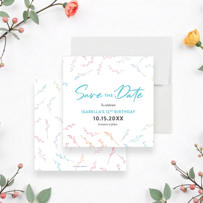 Front and back of personalized watercolor wildflower birthday party save the date card with custom name, age, event date and invitation to follow wording-front-back