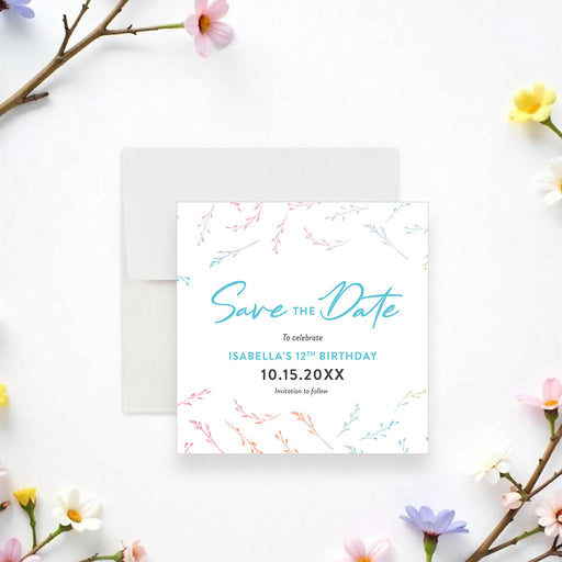Front and back of personalized watercolor wildflower birthday party save the date card with custom name, age, event date and invitation to follow wording-front