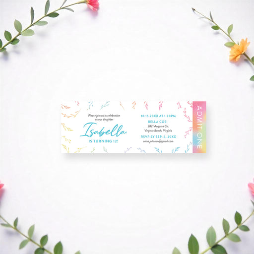 Personalized colorful watercolor wildflower birthday ticket invitation with custom name, age, party details and vertical Admit One wording