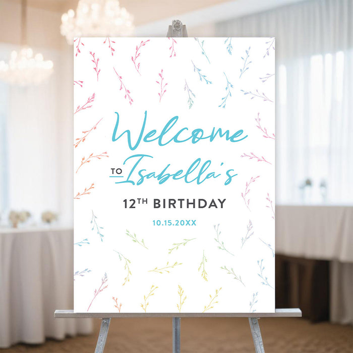 Personalized colorful watercolor wildflower birthday welcome sign with custom name, age, event date and delicate botanical border