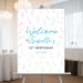 Personalized colorful watercolor wildflower birthday welcome sign with custom name, age, event date and delicate botanical border
