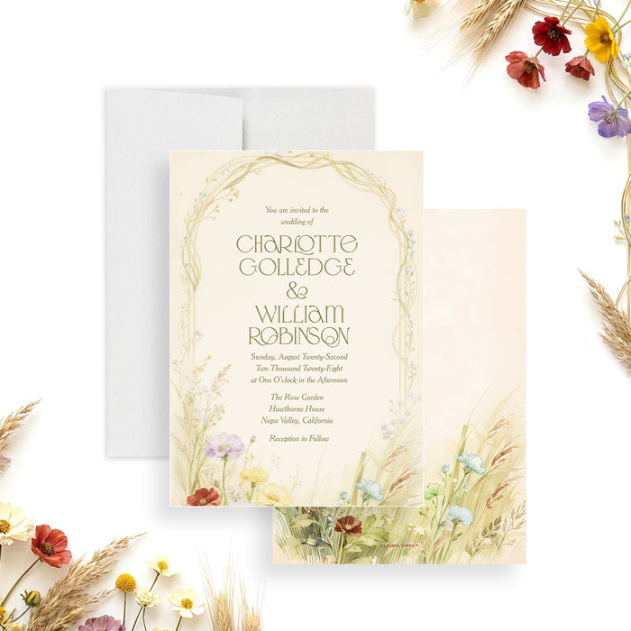 Personalized garden wedding invitation with colorful meadow wildflowers, arched vine border, couple’s names, venue and event details-front-back
