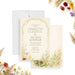 Personalized garden wedding invitation with colorful meadow wildflowers, arched vine border, couple’s names, venue and event details-front-back