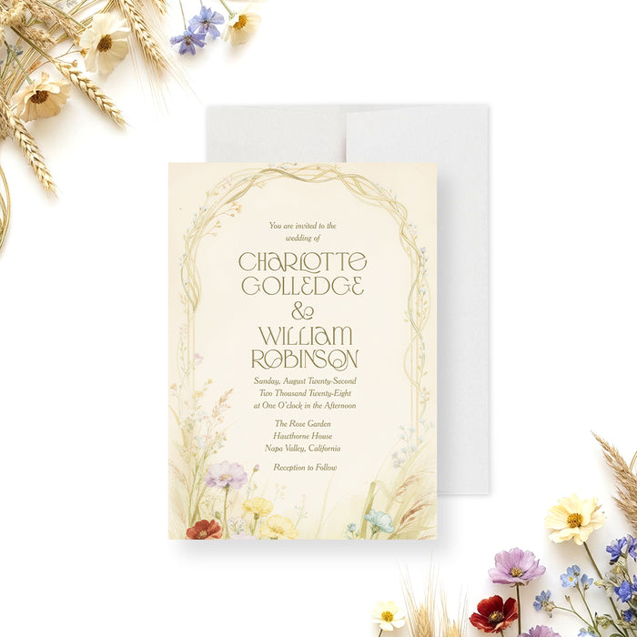 Personalized garden wedding invitation with colorful meadow wildflowers, arched vine border, couple’s names, venue and event details-front