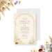 Personalized garden wedding invitation with colorful meadow wildflowers, arched vine border, couple’s names, venue and event details-front
