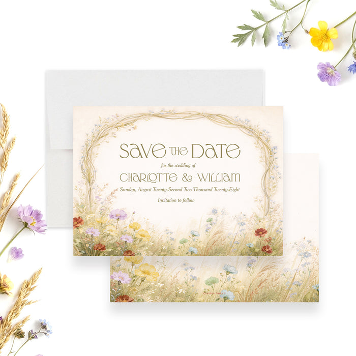 Personalized garden wedding save the date card with colorful meadow wildflowers, arched vine border, couple’s names and wedding date-front-back