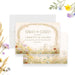 Personalized garden wedding save the date card with colorful meadow wildflowers, arched vine border, couple’s names and wedding date-front-back