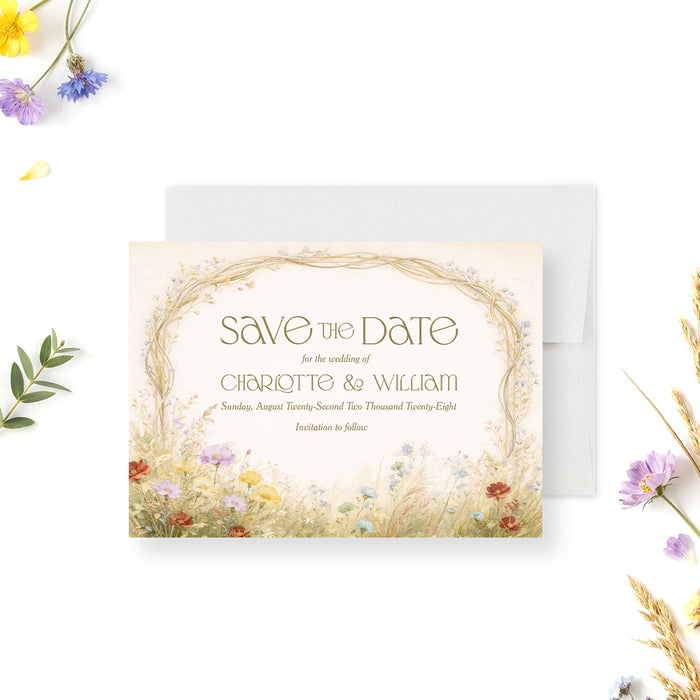 Personalized garden wedding save the date card with colorful meadow wildflowers, arched vine border, couple’s names and wedding date-front