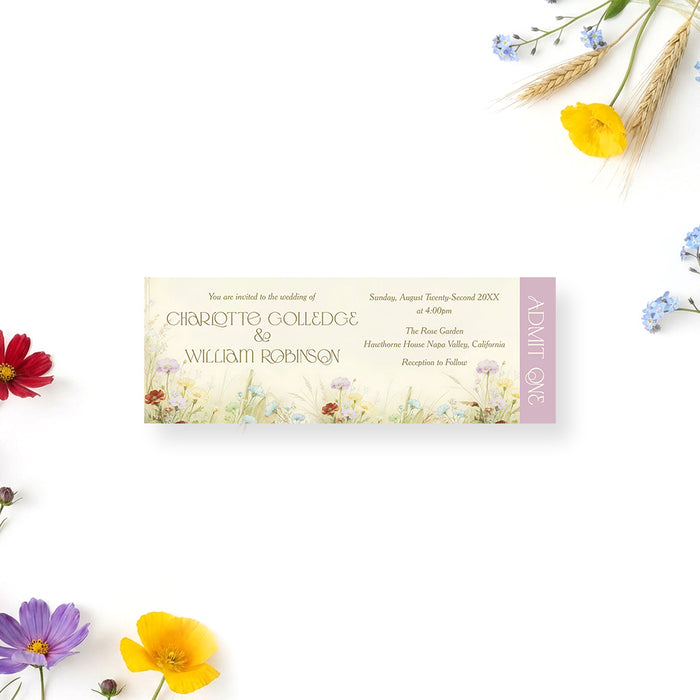 Personalized garden wedding ticket invitation with colorful meadow wildflowers, couple’s names, event details and vertical Admit One wording
