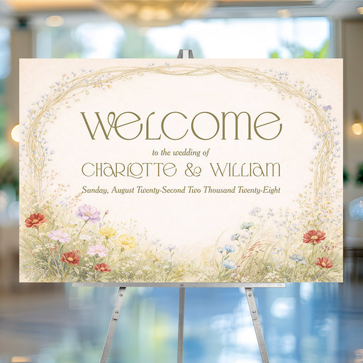 Personalized garden wedding welcome sign with colorful meadow wildflowers, arched vine border, couple’s names and wedding date