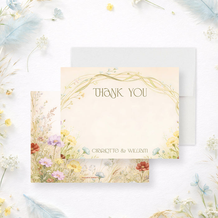 Personalized wedding thank you card with colorful wildflowers, delicate arched vine border, writing space and couple’s names-front-back