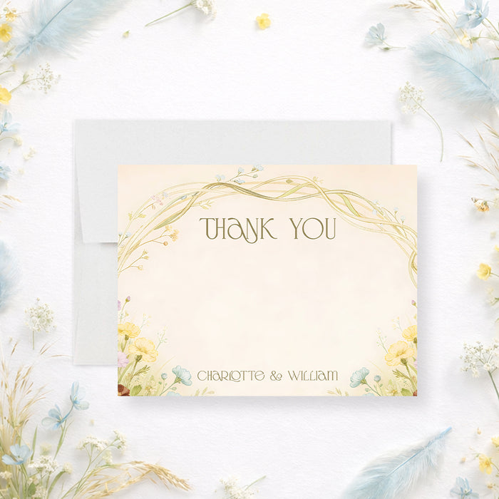 Personalized wedding thank you card with colorful wildflowers, delicate arched vine border, writing space and couple’s names-front