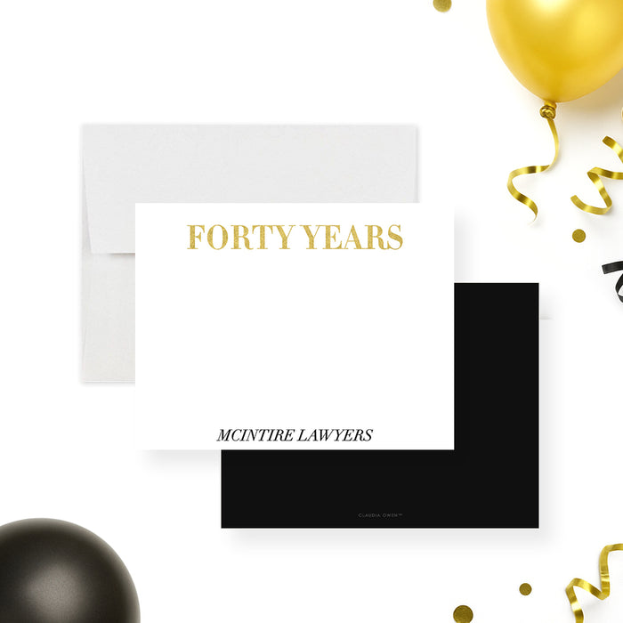 personalized 40th corporate anniversary thank you card with elegant gold-style lettering and clean white background-front-back