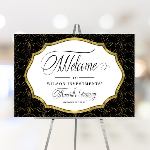 Personalized corporate awards ceremony welcome sign with ornate black pattern, decorative warm border, company name and event date