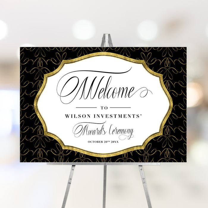 Personalized corporate awards ceremony welcome sign with ornate black pattern, decorative warm border, company name and event date