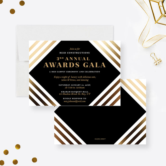 Personalized corporate awards gala invitation with black and gold design, diagonal stripes, company name, and event details-front-back