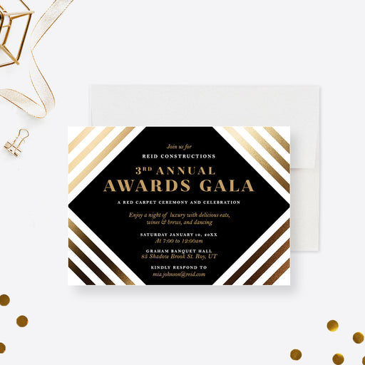 Personalized corporate awards gala invitation with black and gold design, diagonal stripes, company name, and event details-front