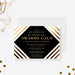 Personalized corporate awards gala invitation with black and gold design, diagonal stripes, company name, and event details-front
