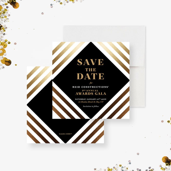 Personalized corporate awards gala save the date with black and gold design, diagonal stripes, company name, and event date-front-back