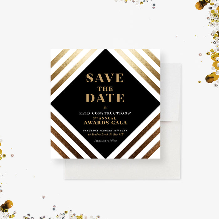 Personalized corporate awards gala save the date with black and gold design, diagonal stripes, company name, and event date-front