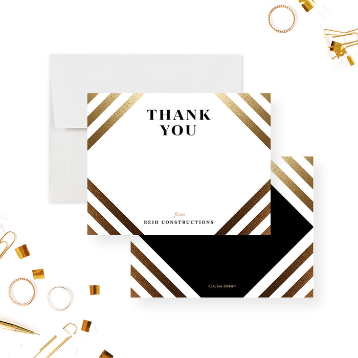 Personalized corporate thank you card with elegant gold diagonal stripes, black lettering, and company name-front-back