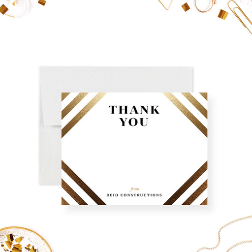 Personalized corporate thank you card with elegant gold diagonal stripes, black lettering, and company name-front