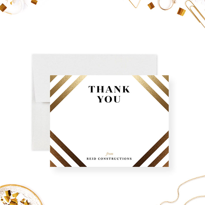 Personalized corporate thank you card with elegant gold diagonal stripes, black lettering, and company name-front