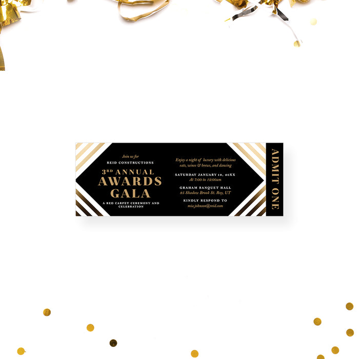 Personalized corporate awards gala ticket invitation with black and gold design, diagonal stripes, and Admit One panel
