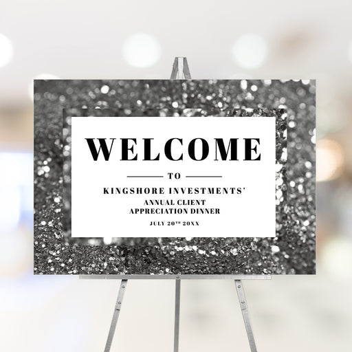 Personalized corporate client appreciation dinner welcome sign with Kingshore Investments name, annual event wording, date and black-and-white bokeh border