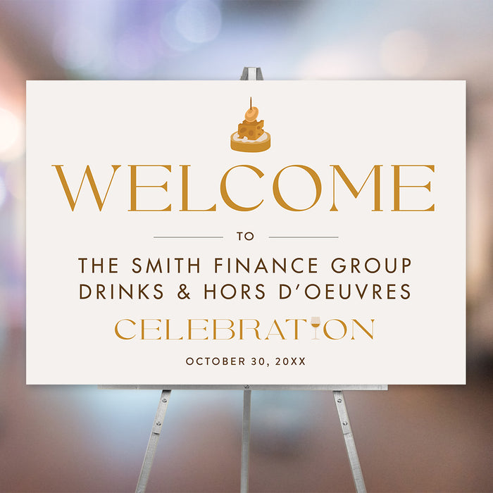 Personalized corporate cocktail party welcome sign with cream background, warm accents, appetizer illustration, custom company name and event date